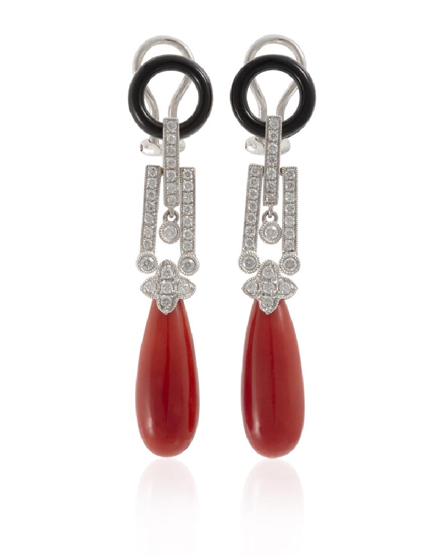 A pair of onyx, coral and diamond earrings (1 of 2)