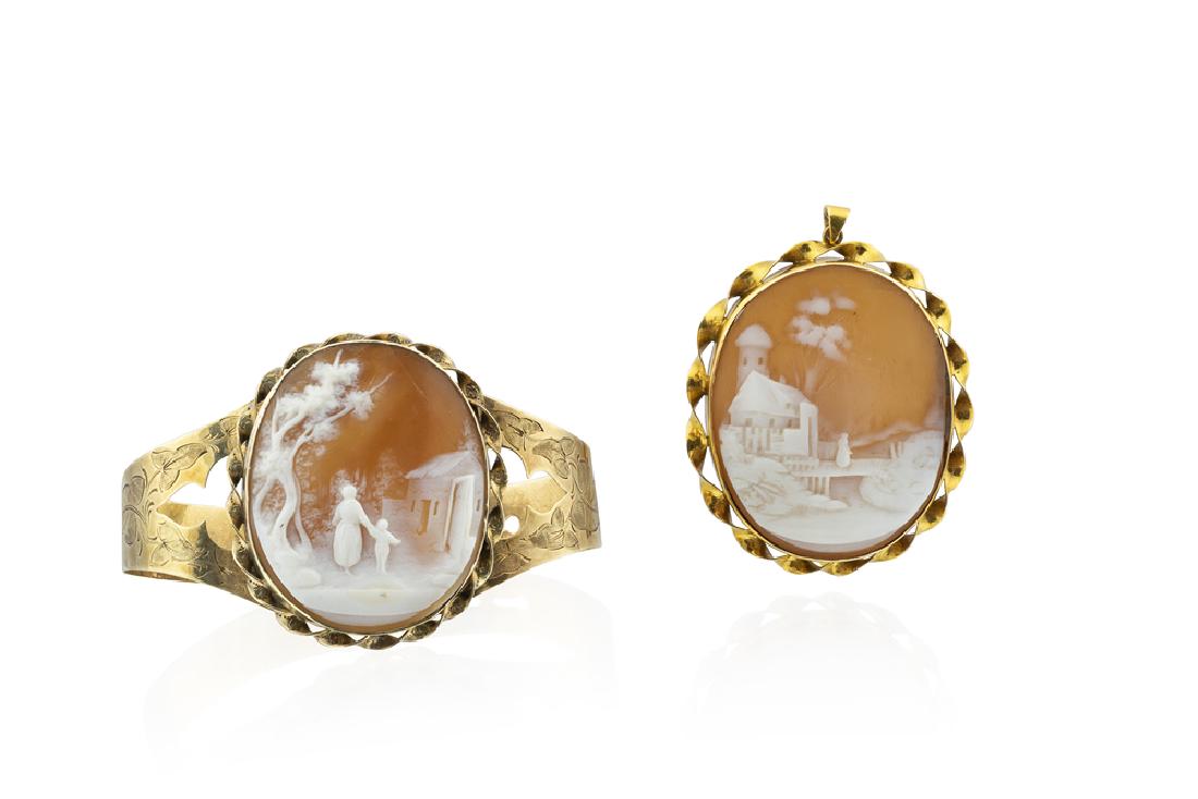 A set of gold and shell cameo scenic jewelry (1 of 2)
