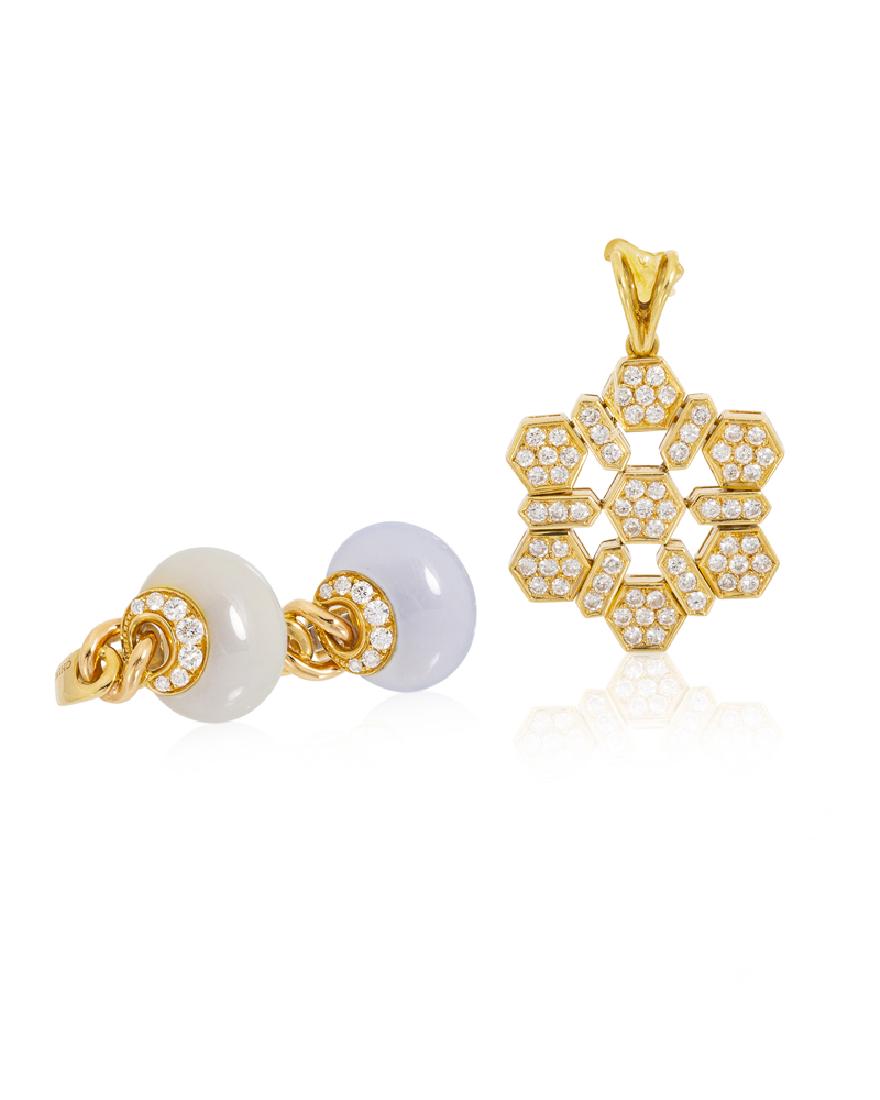 A group of gold and diamond jewelry items: 18k yellow gold, earrings stamped: Chimento Comprising a stylized snowflake pendant and a pair of lavender jade earrings each set with full-cut round diamonds totaling approximately 1.50 cts. and grad