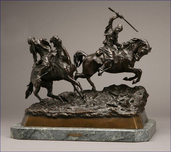 Vassili Yacovlevitch Grachev (1831-1905 Russian): mounted cossacks charging, incised in Cyrillic and stamped 'Fabr. C. F. Woerffel' on the base, bronze with medium brown patina on , 16.5 H x 18 W x 9 D, est:$8000/12,000. Note: Height dimension includ