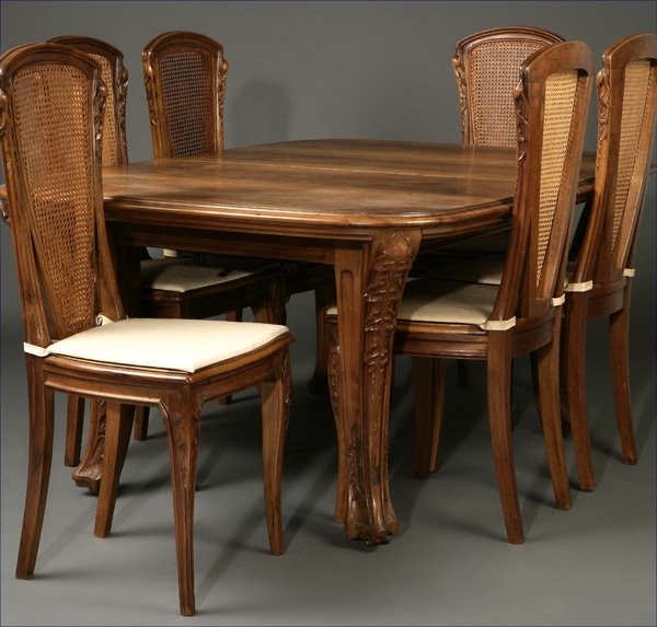 Majorelle ''Les Bles'' walnut dining table chairs