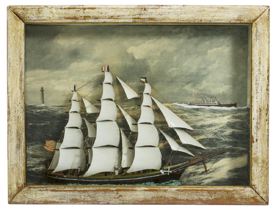 A shadowbox ship diorama: First half 20th century The mixed media half ship's model enclosed in a shadowbox frame 15" H x 19.835" W x 3.5" D
