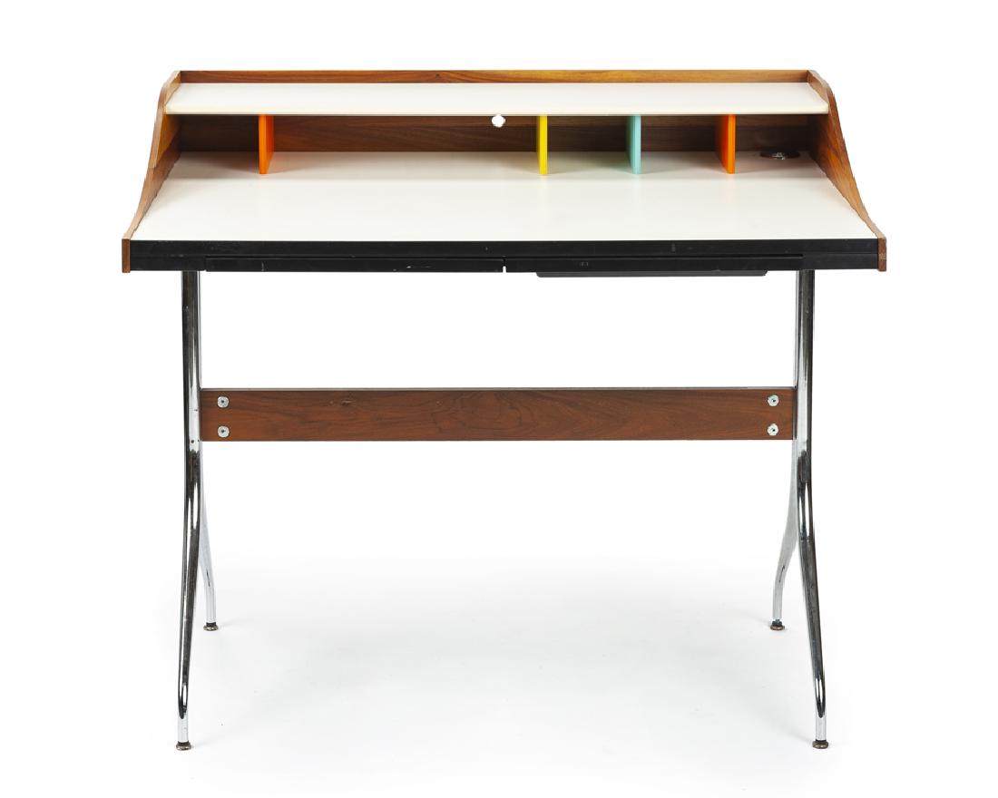 A Herman Miller ''Swag Leg'' desk: Contemporary Black oval metal tag verso: Herman Miller / George Nelson Designed 1958 by George Nelson, the wrapped wood desk over a laminated wood shelf covering four colorful dividers over a laminate