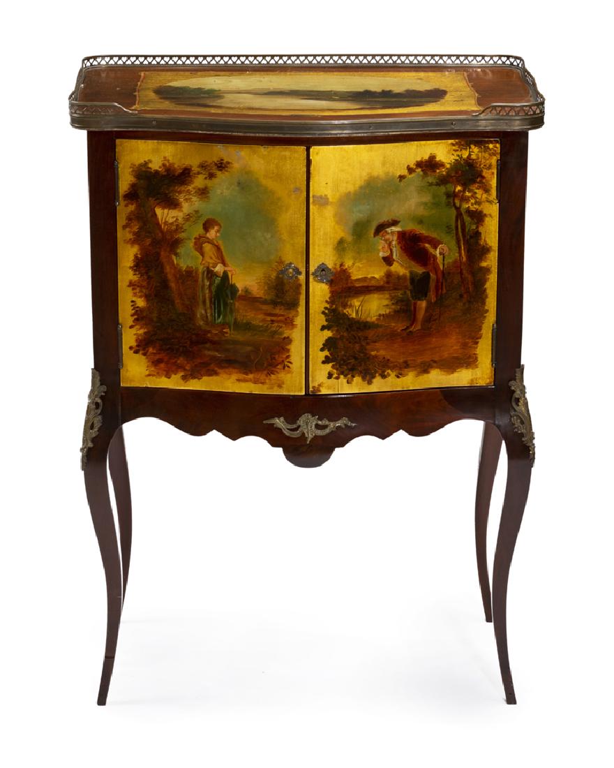 A Vernis Martin cabinet/server: Second quarter 20th century Breakfront top over a conforming two-door cabinet enclosing three shelves 38.25" H x 27.5" W x 17.25" D