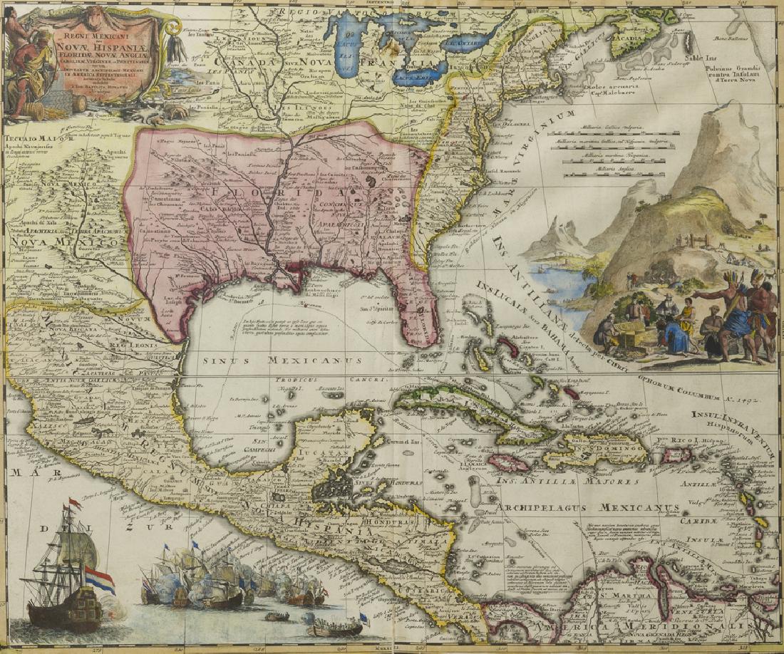 Regni Mexicani Nova Hispania Map by Johan Baptist: Ludovicianae, N. Angliae, Carolinae, Virginiae, et Pensylvaniae Double-page engraved map laid to board under glass Nuremberg, circa 1725 Sheet: 18.5" H x 22.5" W