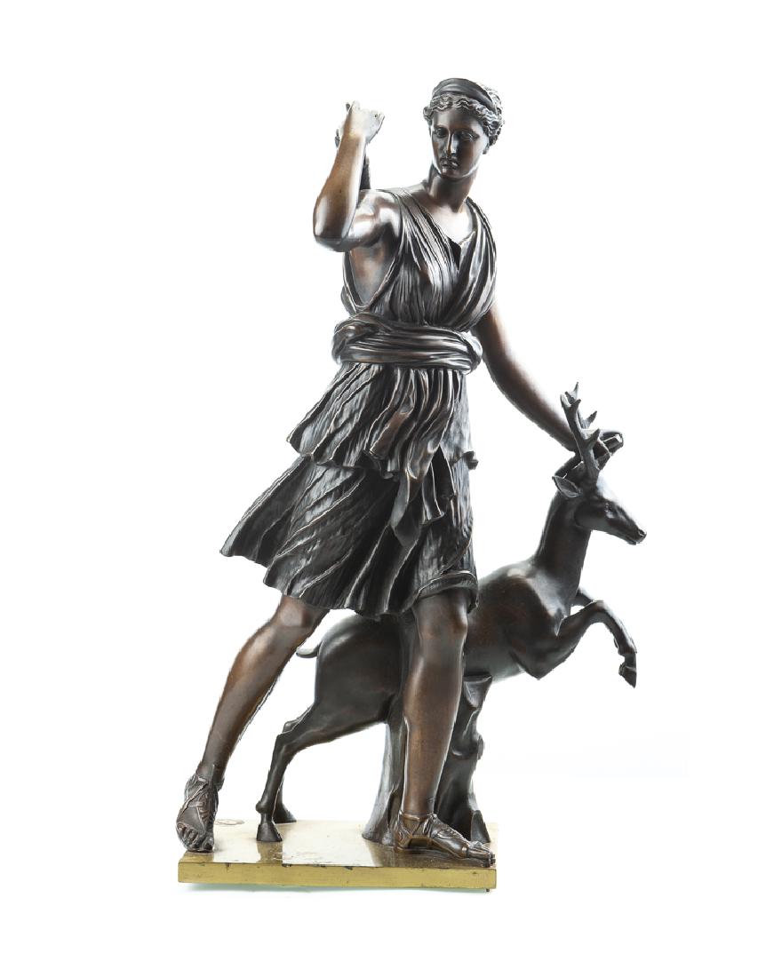 A bronze statue of ''Diana of Versailles'': Late 19th/early 20th century With maker's pastille to brass plinth: Reduction Mecanique / Alle. Collas Diana the huntress and buck, after the Greco-Roman statue "Diana of Versailles," patinated bronze