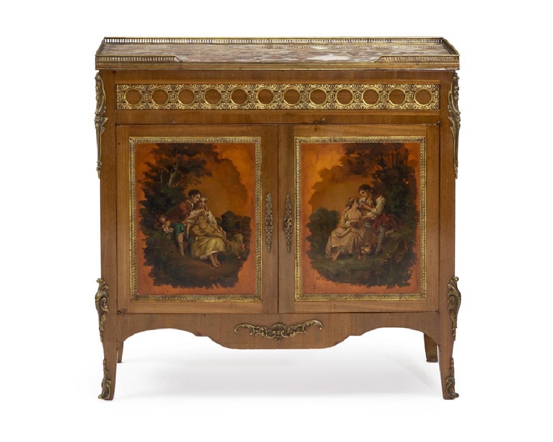 A French Vernis Martin cabinet: Second quarter 20th century Stamped: Made in France Rectangular marble top over a locking two-door cabinet enclosing one shelf 33.125" H x 33.125" W x 14.125" D