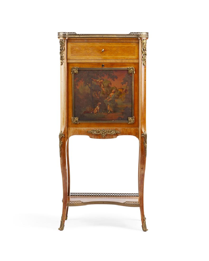 A Louis XV-style Vernis Martin drop-front secretary: Early 20th century Panel signed: Crozel Galleried top over a single drawer and a drop-front cabinet enclosing four small drawers, on cabriole legs joined by a galleried parquetry under-shelf, with key
