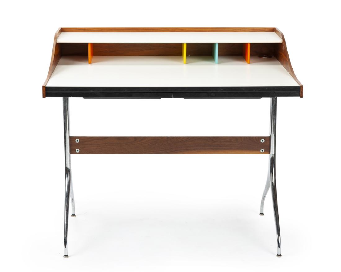 A Herman Miller ''Swag Leg'' desk: Contemporary Black oval metal tag verso: Herman Miller / George Nelson Designed 1958 by George Nelson, the wrapped wood desk over a laminated wood shelf covering four colorful dividers over a laminate