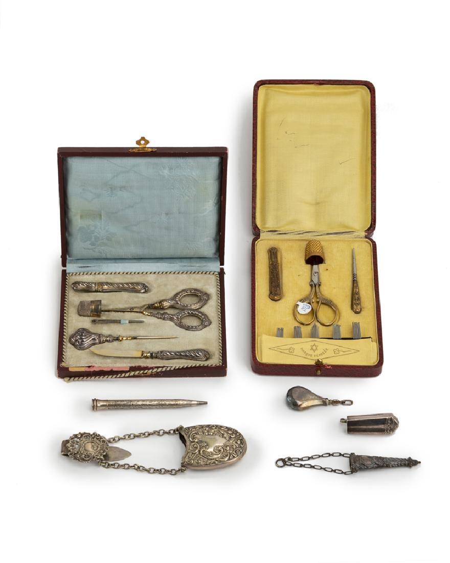 A group of Antique ladies accessories: Late 19th/early 20th century Comprising two sewing kits, a mussy tussy, and chatelaine, 15 pieces Largest: 6.25" L