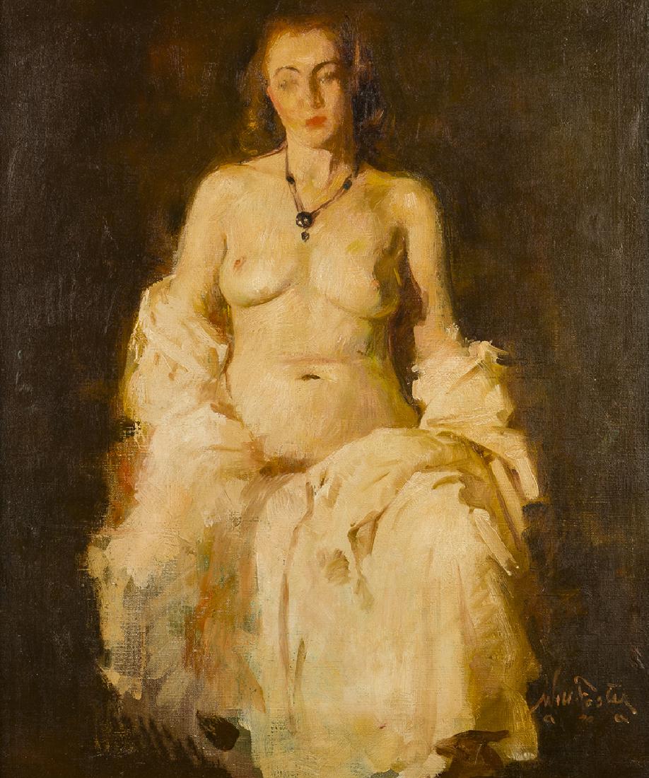 William Frederick Foster ANA (1883-1953 New York, NY): The Necklace, sitting female nude Oil on canvas Signed lower right: Will Foster A.N.A. 30" H x 25" W Literature: P. Settecase Barton, "William Frederick Foster, A.N.A.: Portrait of a Painter," Los Ang