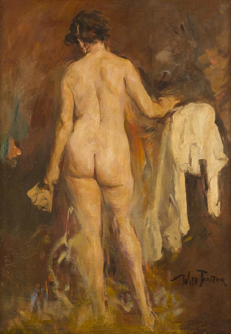 William Frederick Foster ANA (1883-1953 New York, NY): Brunette Standing, Back Nude, circa 1940s Oil on canvas laid to canvas Signed lower right: Will Foster 44" H x 31" W Literature: P. Settecase Barton, "William Frederick Foster, A.N.A.: Portrait of a P