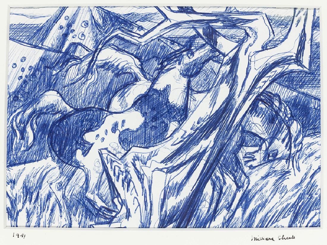 Millard Owen Sheets NA (1907-1989 Gualala, CA): Two dappled horses and gnarled tree, 1941 Blue ballpoint pen on paper under glass Signed on overmat lower right: Millard Sheets, dated lower left Sight: 4.25" H x 6" W Provenance: Estate of Millard Sh
