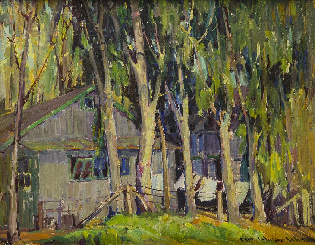 Nell Walker Warner (1891-1970 Carmel, CA): Wash Day at Griffiths Oil on canvas Signed lower right: Nell Walker Warner, signed again on the stretcher, titled verso 16" H x 20" W