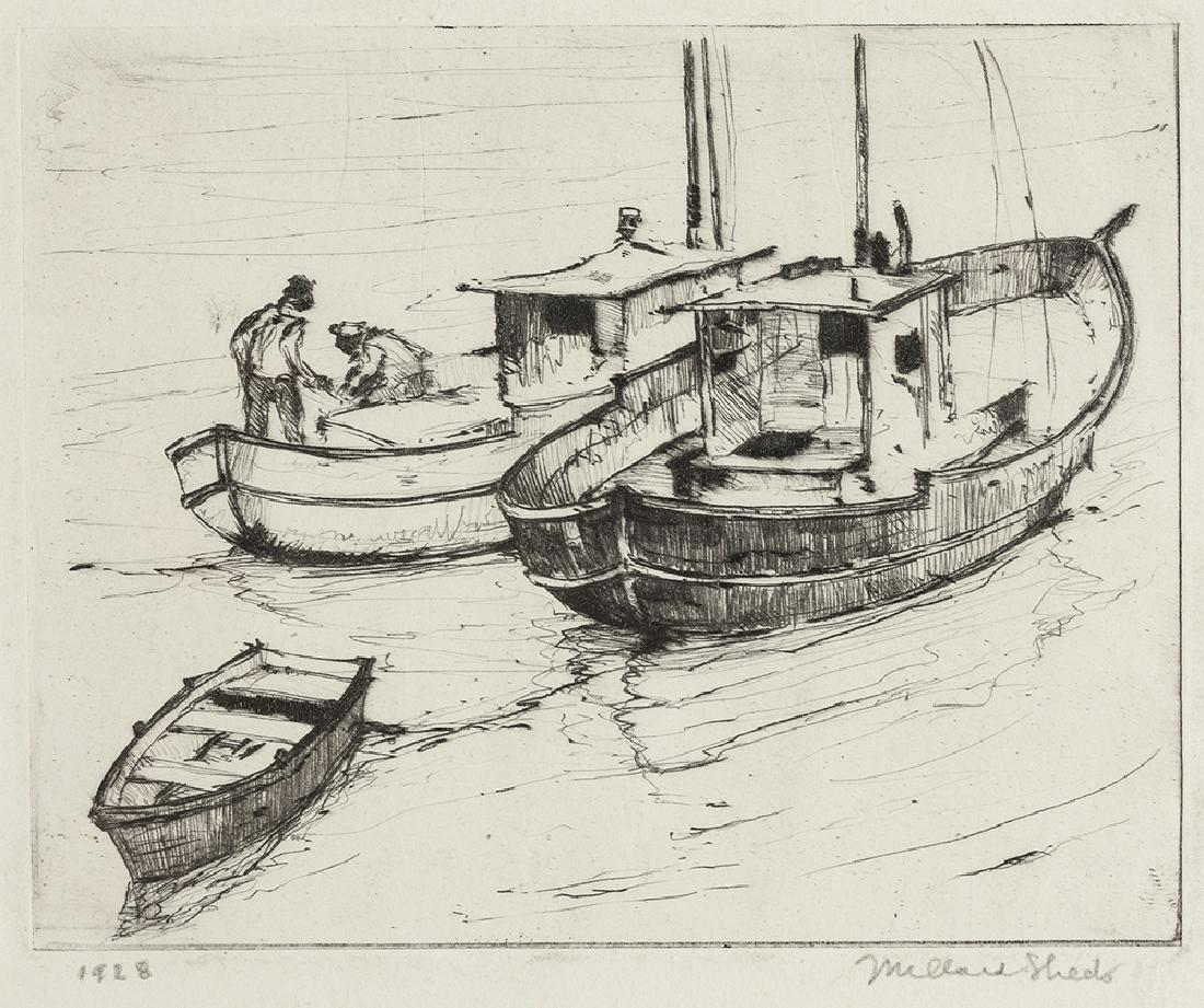Millard Owen Sheets NA (1907-1989 Gualala, CA): Fishing boats and dinghy, 1928 Etching on paper under glass Signed lower right: Millard Sheets, dated lower left Plate: 4" H x 5" W Provenance: Estate of Millard Sheets. Thence by descent through the
