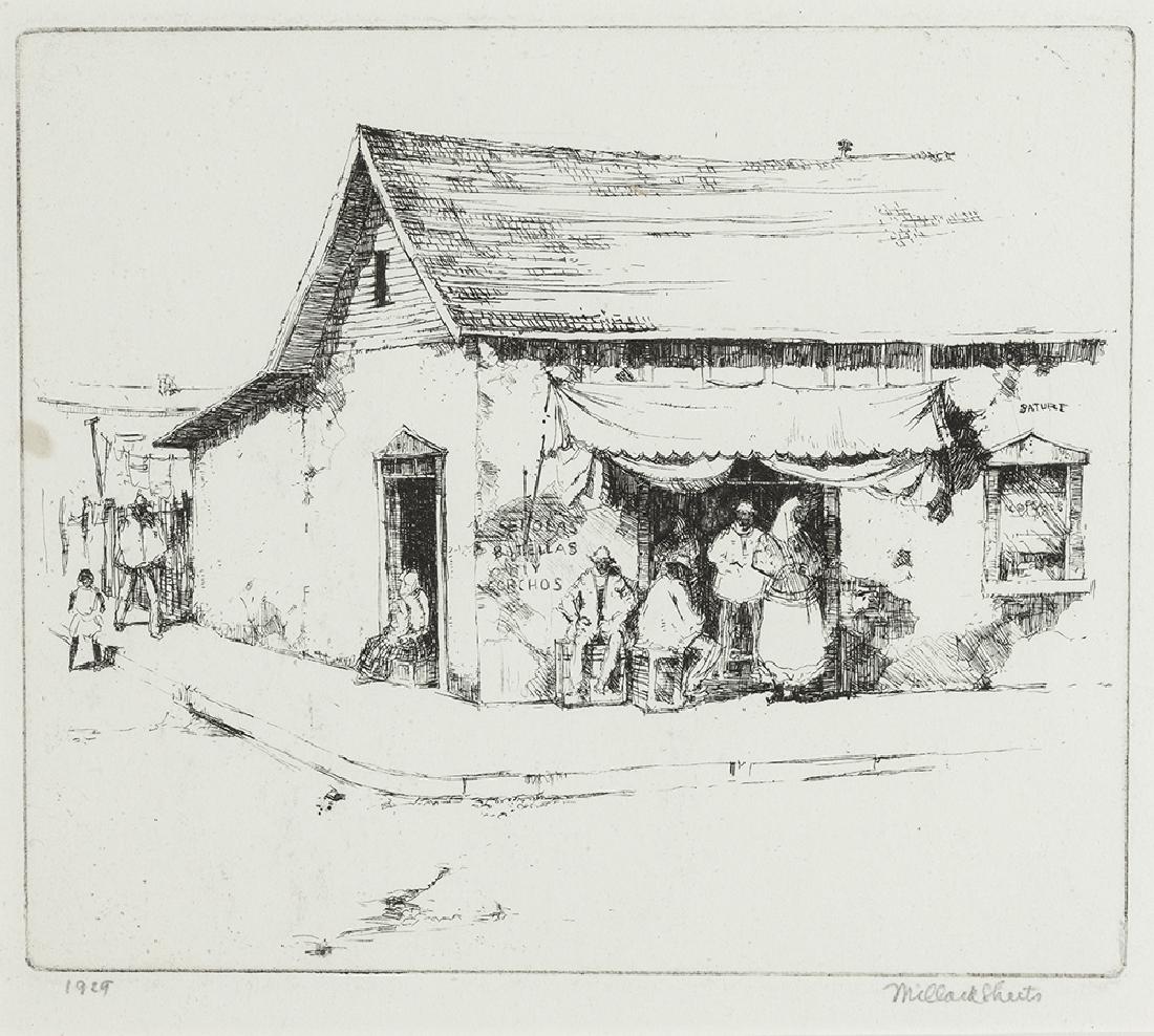 Millard Owen Sheets NA (1907-1989 Gualala, CA): Crowd outside a corner store, 1929 Etching on paper under glass Signed lower right: Millard Sheets, dated lower left Plate: 5" H x 6" W Provenance: Estate of Millard Sheets. Thence by descent through