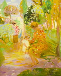 Elyane Addari (1936-* French): Woman and children in a park Oil on canvas Signed lower right: E. Addari 29" H x 23.5" W