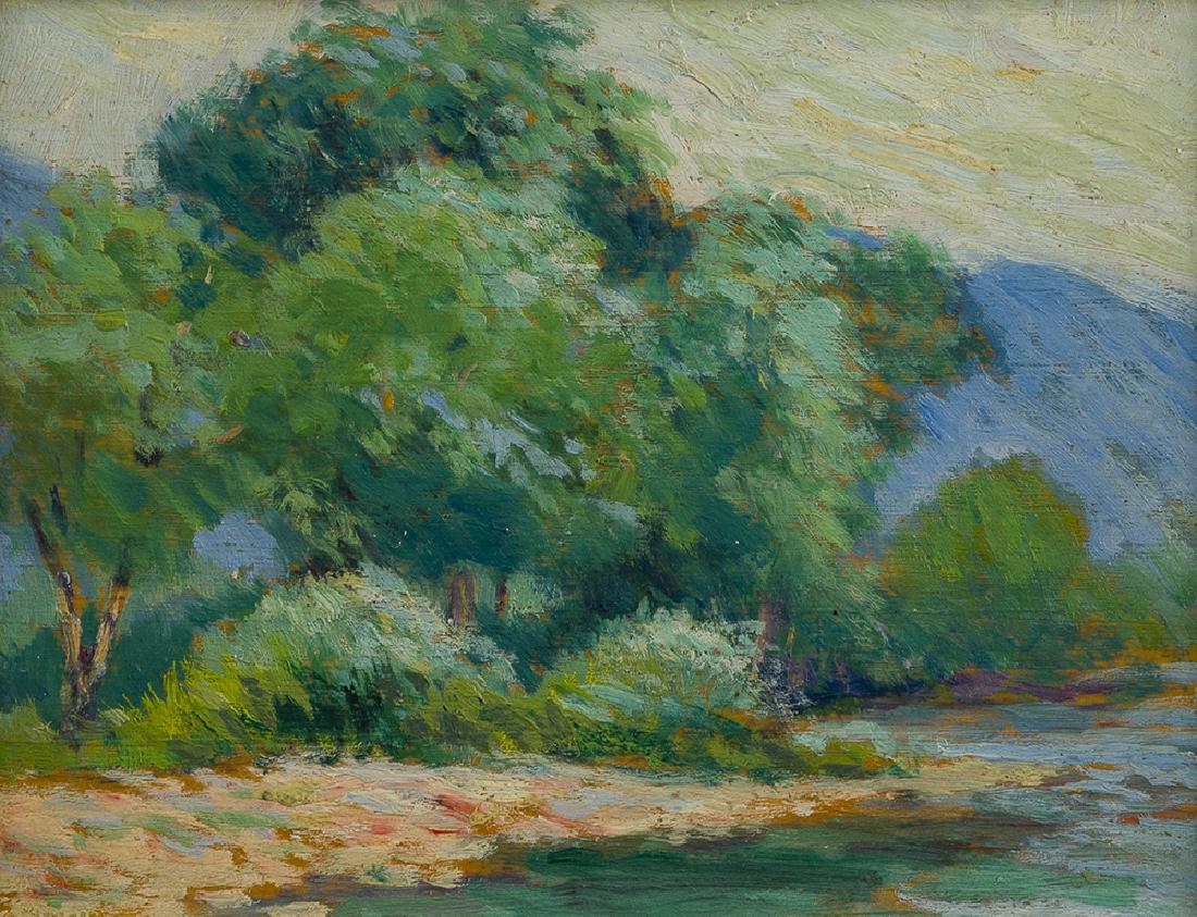 Bernhard Gutmann (1869-1936 New York, NY): Keene Valley, NY landscape Oil on panel Unsigned, estate stamp verso 5.5" H x 7" W