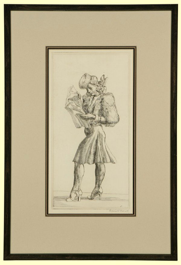 Reginald Marsh (1898-1954): Girl in Fur Jacket Reading Tabloid, 1940, signed in pencil lower right: Reginald Marsh, initialled in the plate lower right: M, engraving on paper under glass, plate size: 12 H x 6 W, Literature: Saso