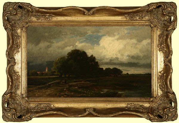 William Keith (1838-1911): view of Santa Barbara, depicting a figure on a bridge with a landscape, cloud-filled sky and red roofed buildings beyond, appears unsigned, oil on canvas laid to canvas, 10 H x 17 W, est:$2000/3000. P