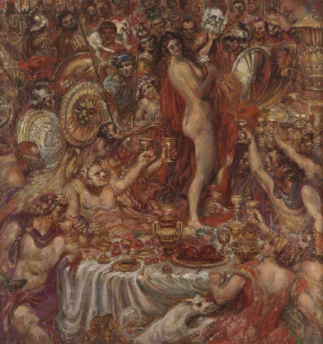 Henri-Jules Corneille de Groux (1866-1930 Belgian): Bacchanal, nude female standing atop a table amidst Bacchanalian revelers and armed soldiers Oil on burlap laid to masonite signed lower right: Henri Groux 35" H x 33" W Provenance: The Estate of Dr. 