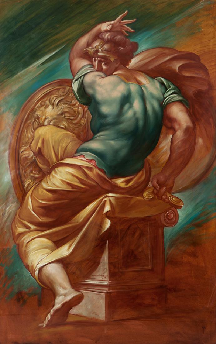Bruno d'Arcevia (1946-* Italian): Mars, God of War, 1989 Oil on paper under Plexiglas Signed and dated lower center: Bruno d'Arcevia Sight: 71.25" H x 45" W Provenance: The Estate of Dr. Paul E. Keith III, Las Vegas.