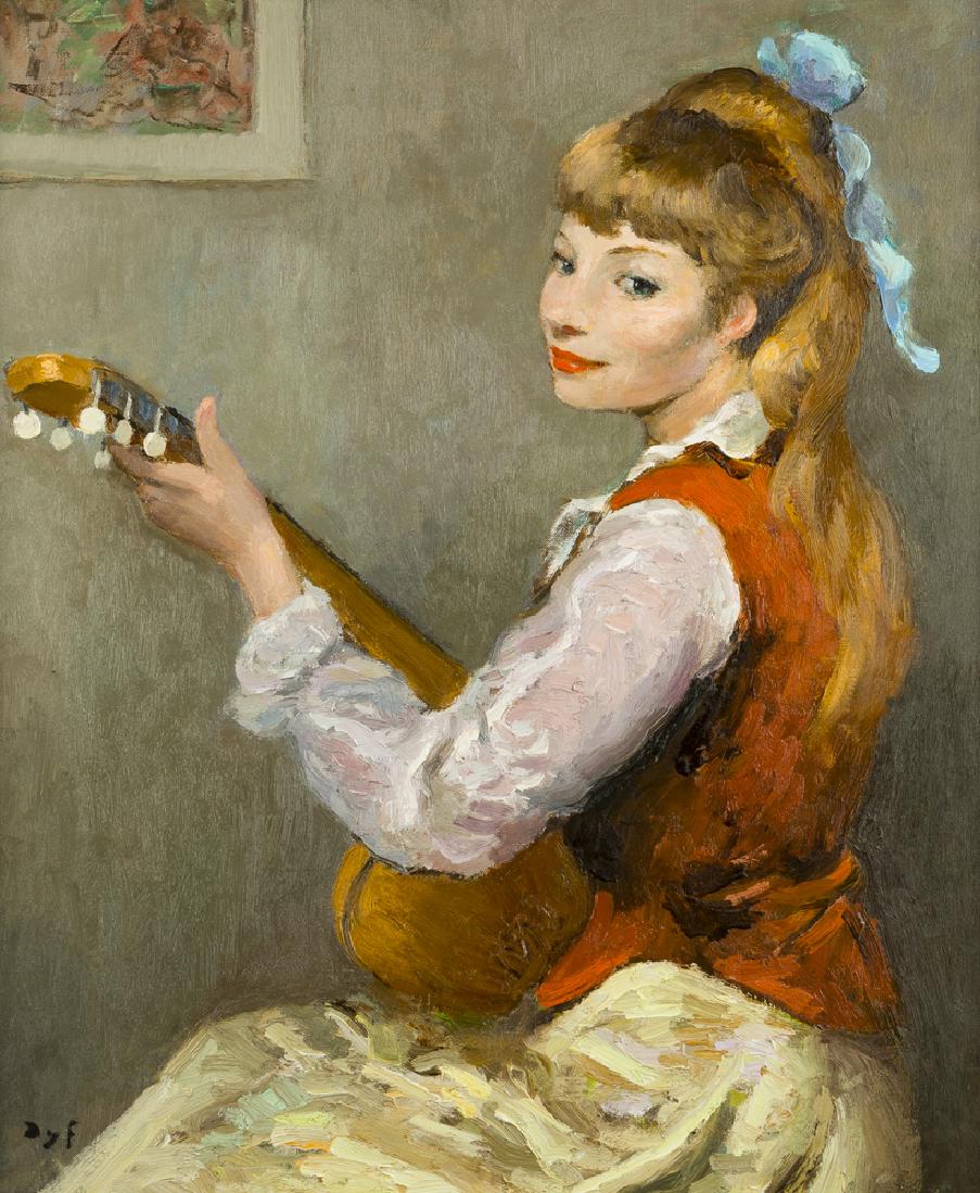 Marcel Dyf (1899-1985 French): Claudine with Blue Ribbon and Mandolin Oil on canvas Signed lower left: Dyf, titled by repute 28.75" H x 23.75" W