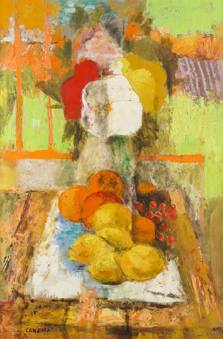 Noe Canjura (1922-1970 French): Nature Morte et Fleurs Oil on canvas Signed lower left: Canjura, signed again and titled verso 31.75" H x 21.5" W