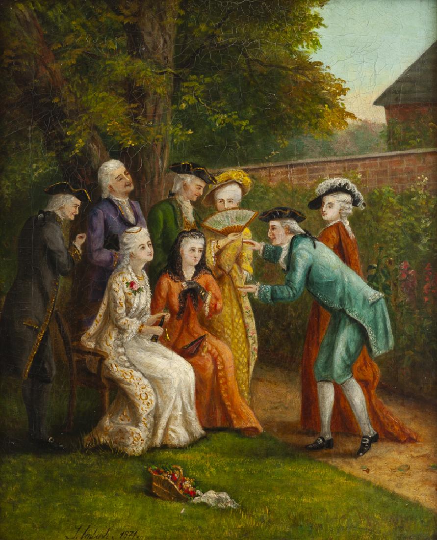 19th Century Continental School: Figures in an exterior Oil on canvas Signed and dated lower left: T. Imbush / 1871 24" H x 20" W