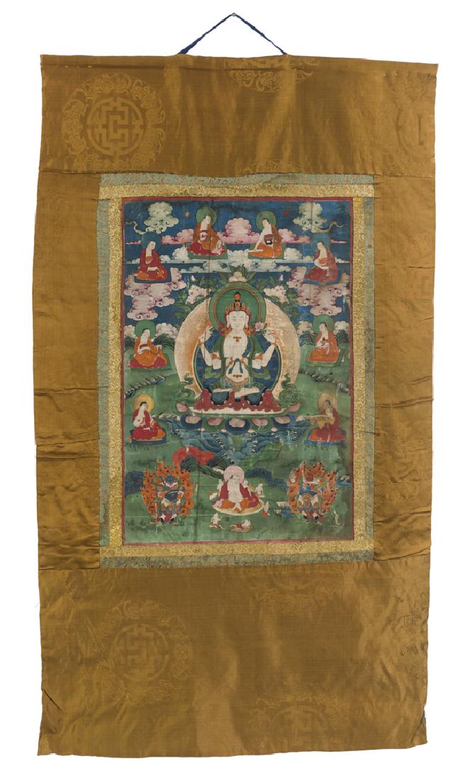 An Asian Thangka: Late 19th/early 20th century Signed verso Painting on linen with silk surrounds, depicting Buddhist deities Sight: 20" H x 13" W