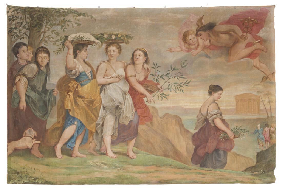 An Aubusson cartoon painted tapestry: Fourth quarter 19th century Signed and dated lower right: F. Sofka, 1898 Depicting a mythological figurative scene 5'4" H x 7'4" W