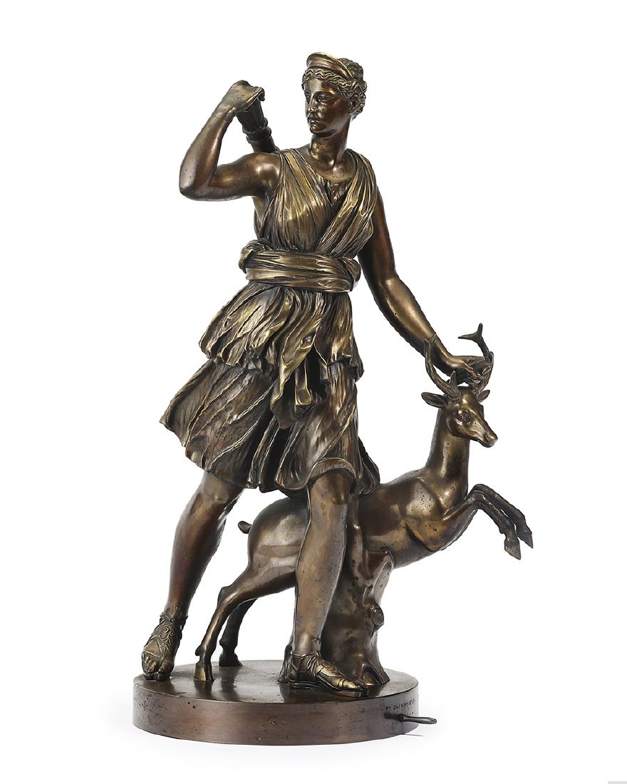 Pietro Chiapparelli (19th Century Italian): Diana the huntress and buck, after the Greco-Roman statue "Diana of Versailles" Patinated metal Signed: Po. Chiapparelli / Roma 18.625" H x 10.75" W x 8" D