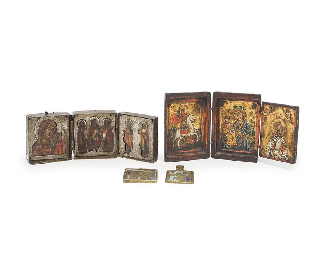 Four religious icons: 19th-20th century Russian triptych stamped for maker Comprising a Greek wood and tempera-painted triptych featuring St. George, Madonna and Child, and Matthew the Evangelist; a Russian metal and paint