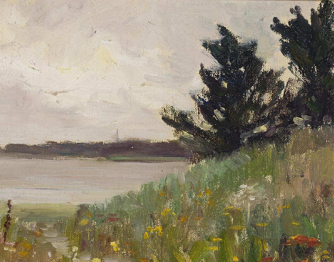 William Posey Silva (1859-1948 Carmel, CA): Harbor - Cape Cod Oil on canvas laid to board Unsigned, titled and numbered on the estate label affixed verso: No. 1079 8" H x 10" W
