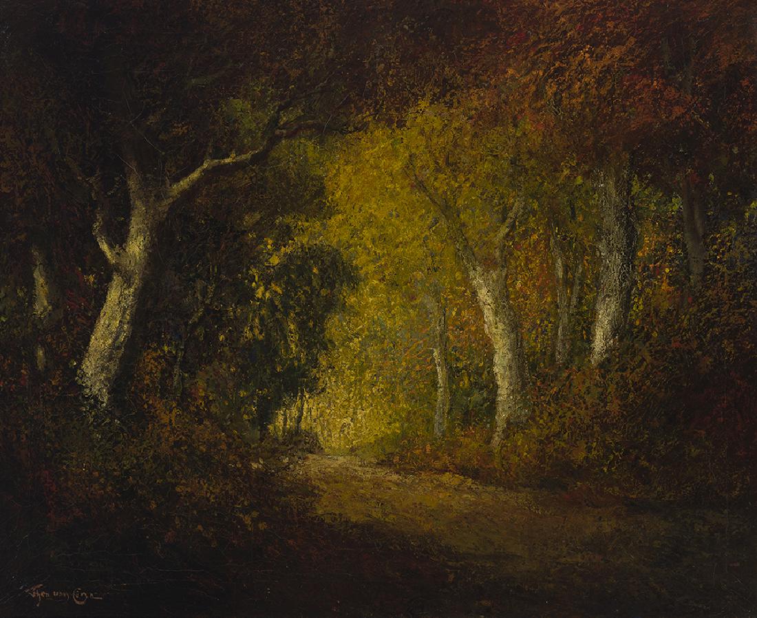Theodore van Cina (1865-1940 American): The Voice in the Woods Oil on canvas Signed lower left: Theo van Cina, signed again, titled and inscribed verso: Organ tunes in Colors 26" H x 32" W