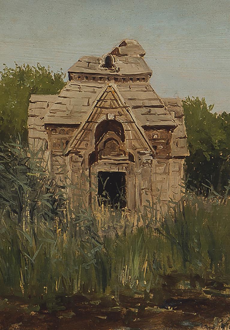 Lockwood de Forest (1850-1932 Santa Barbara, CA): Ruins, Jungle, Pandutan, circa 1881 Oil on paper laid to board Signed and dated lower right: L de F / June 17 / 81, inscribed lower left: Pandutan 10" H x 7.5" W Provenance: By descent from the artist