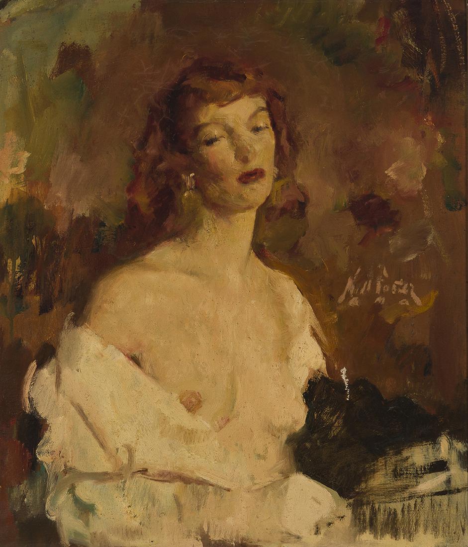 William Frederick Foster ANA (1883-1953 New York, NY): Camille Oil on canvas Signed right center: Will Foster a.n.a. 27" H x 23" W Literature: P. Settecase Barton, "William Frederick Foster, A.N.A.: Portrait of a Painter," Los Angeles, CA, 1987, plate 125