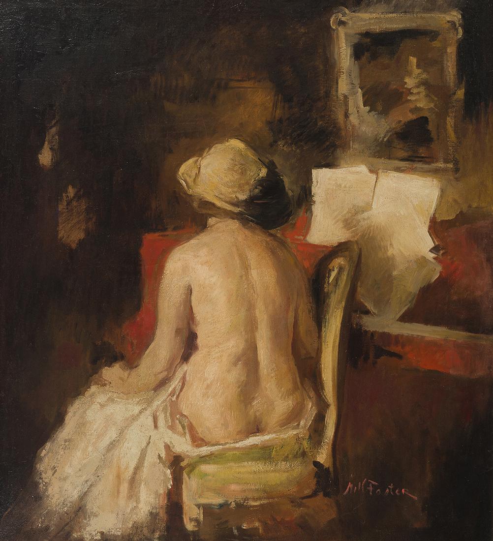 William Frederick Foster ANA (1883-1953 New York, NY): Lady at the Red Piano, Circa 1939 Oil on canvas laid to canvas Signed lower right: Will Foster 40" H x 36" W Literature: P. Settecase Barton, "William Frederick Foster, A.N.A.: Portrait of a Painter,"