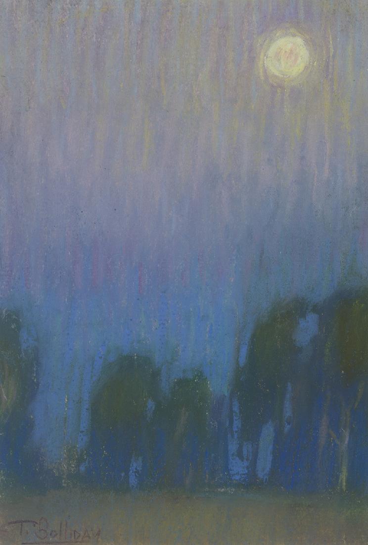 Tim Solliday (1952-* Alhambra, CA): Nocturnal landscape with trees Pastel on paper under glass Signed lower left: T. Solliday Sight: 8" H x 5.5" W
