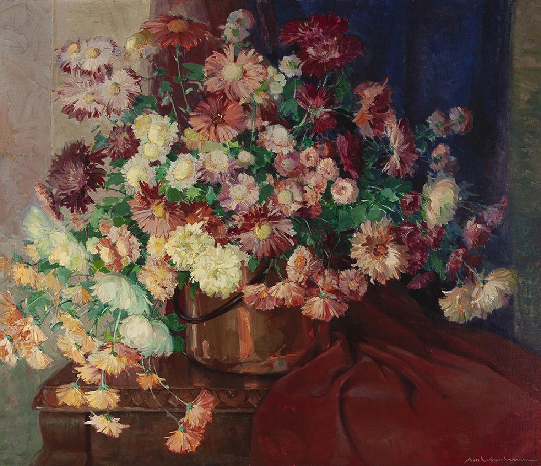 Nell Walker Warner (1891-1970 Carmel, CA): Floral still life in copper pot Oil on canvas Signed lower right: Nell Walker Warner 34" H x 40" W
