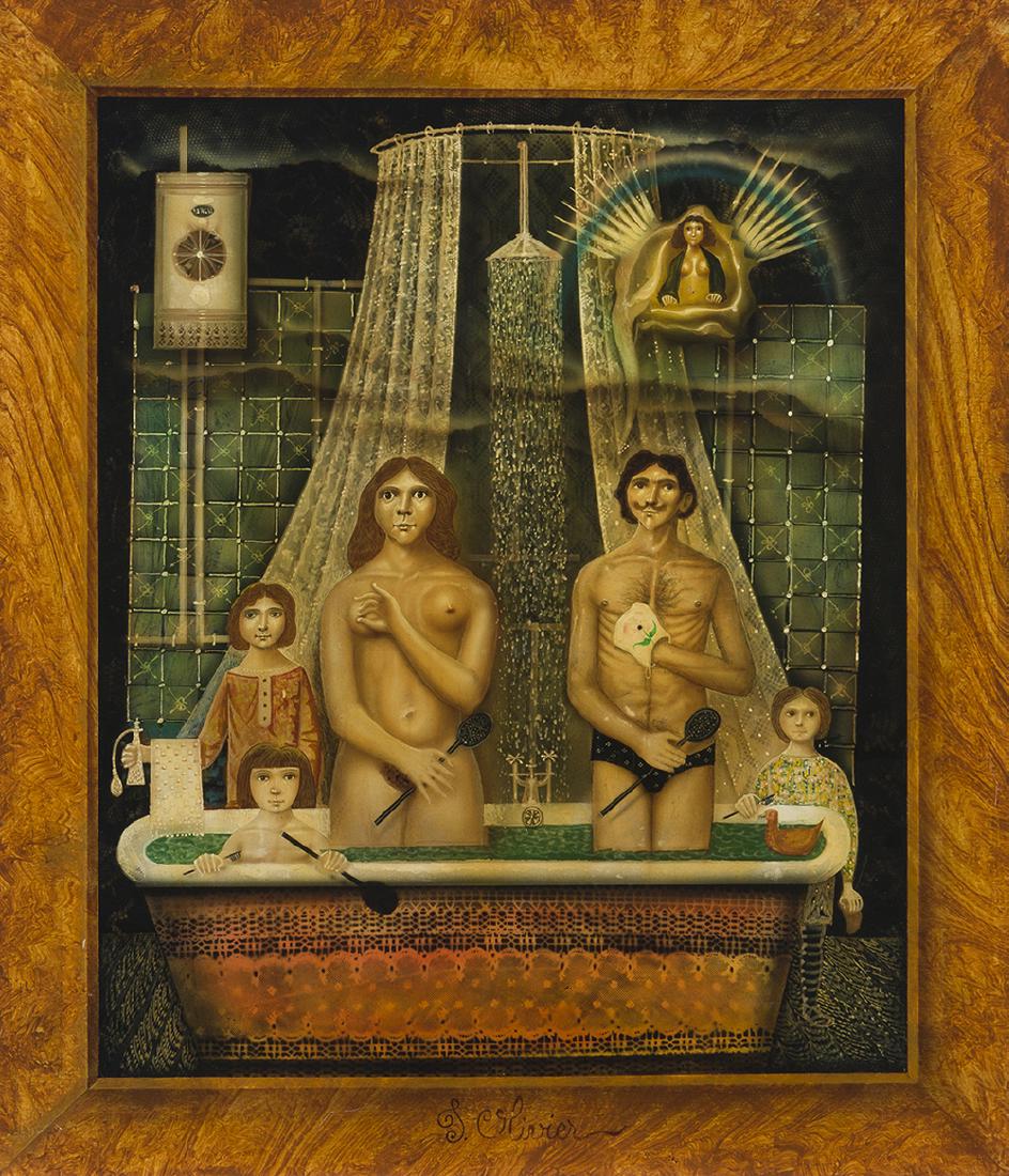 20th Century Continental School: Portrait of a family in a bathtub Oil on panel Signed indistinctly lower center 25.5" H x 22" W