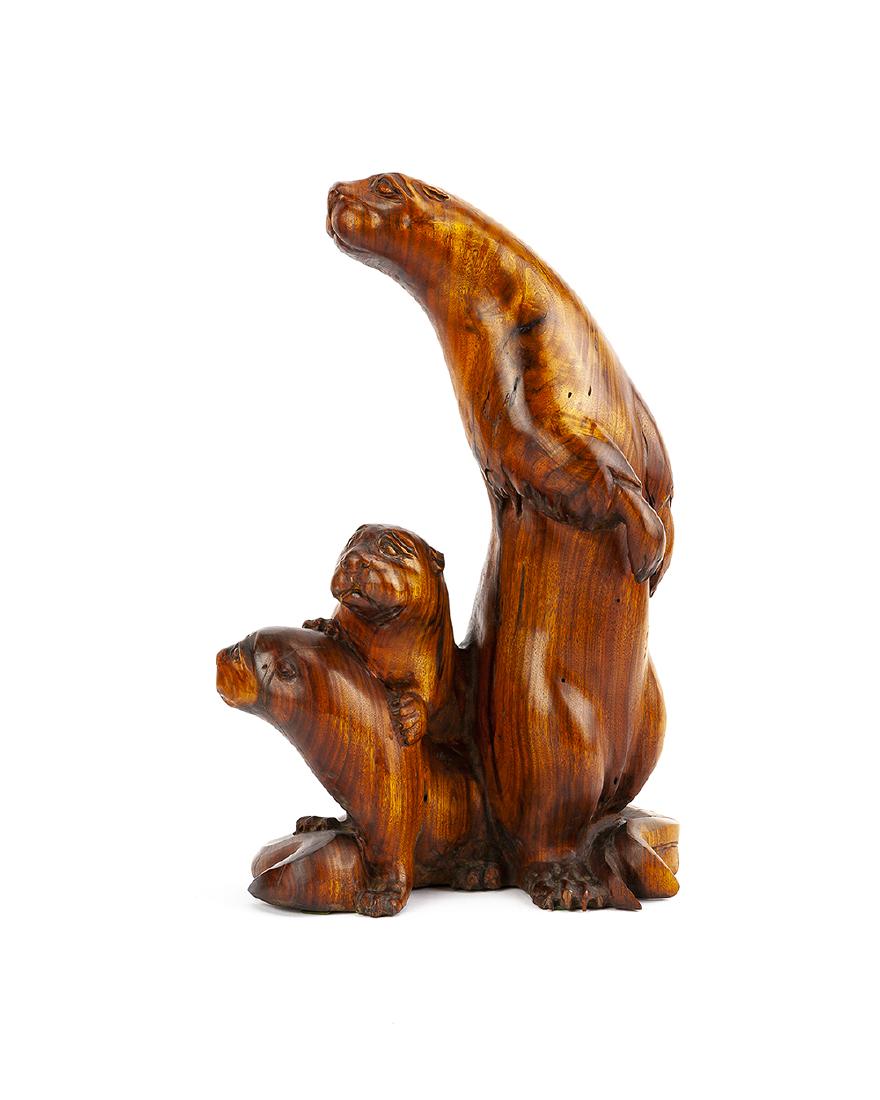J. Chester Armstrong (1948 - * Sisters, OR): Otter family, 1980 Carved wood Carved to base: J. Chester / 80 18.625" H x 12.25" W x 9.75" D