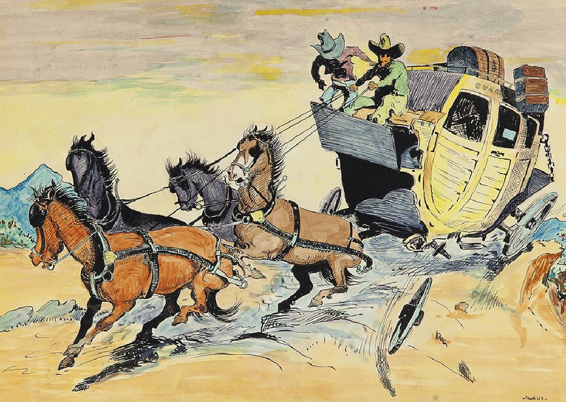 Frank Lee (20th Century American): Wheel off the Wagon Watercolor and India ink on paper Signed lower right: Frank Lee, titled by repute Sight: 11.25" H x 16" W