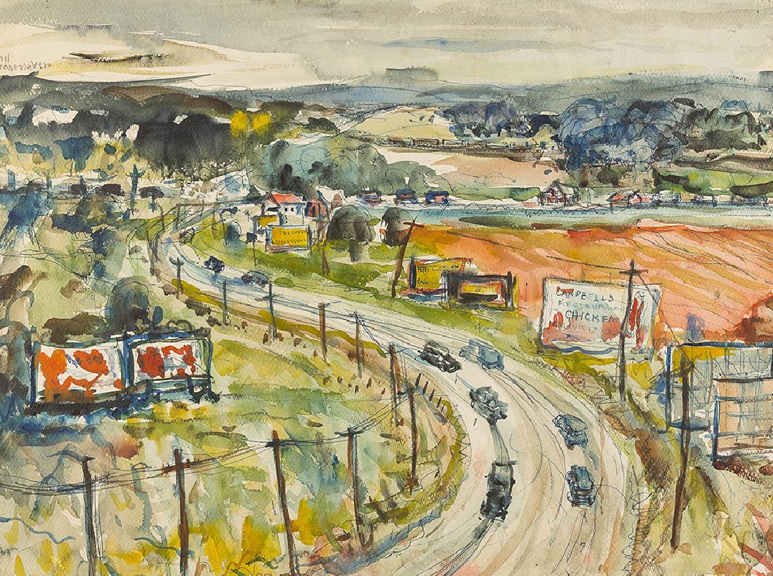 Philip Gronemeyer (1891-1965 St. Louis, MO): Cars driving on a road in a countryside Watercolor on paper under glass Signed upper left: Phil Gronemeyer Sight: 17.25" H x 23.25" W