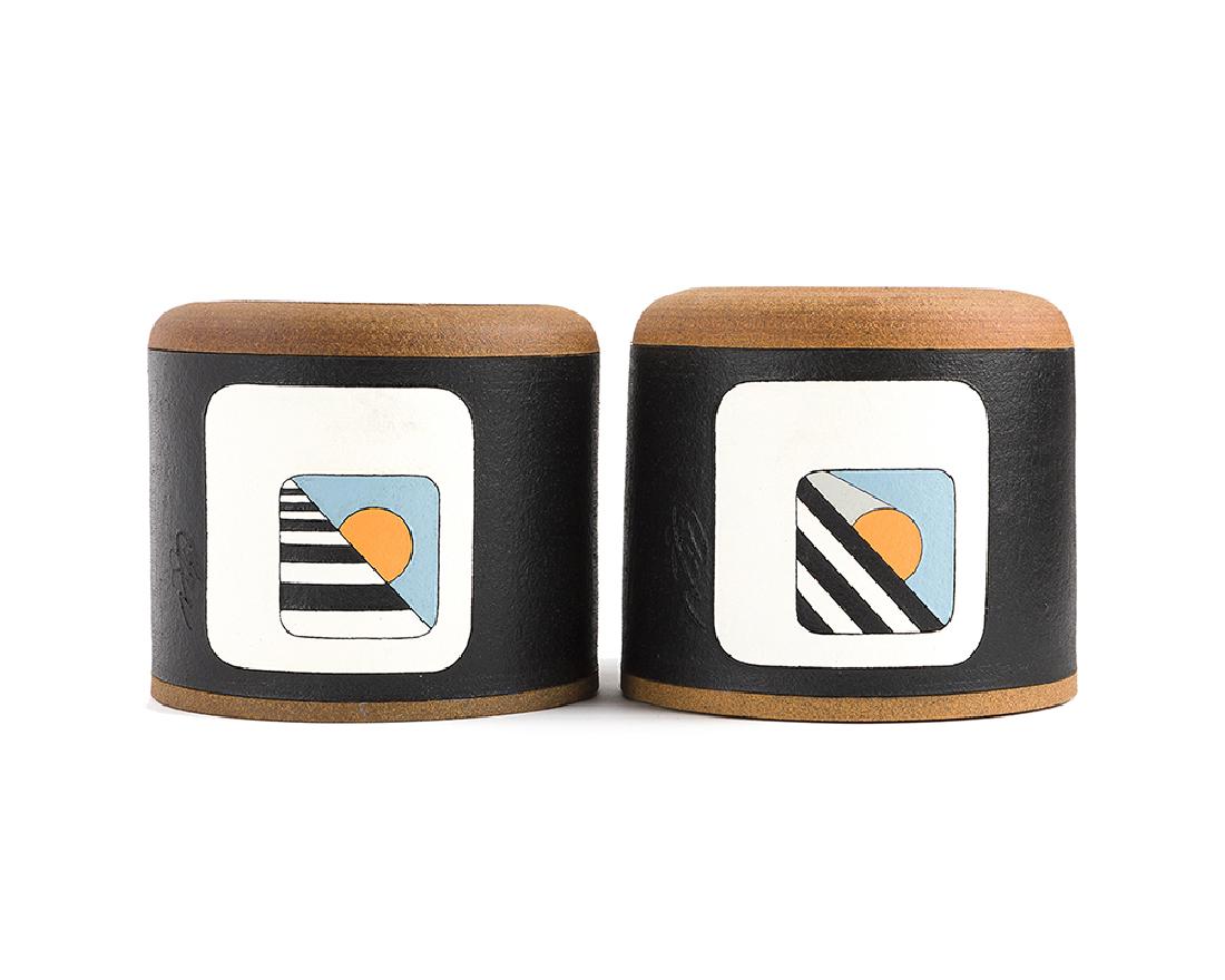 A pair of Art Deco-style ceramic jardinières: 1970s Each signed for artist Terry Allen Rubin (1943-*) Each with painted and incised sunrise decoration, 2 pieces Each: 6" H x 6.5" Dia.