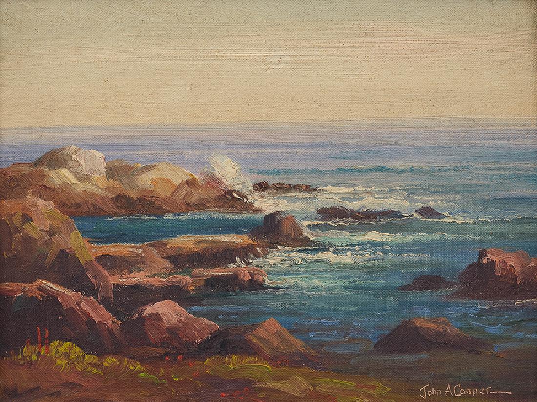 John Anthony Conner (1892-1971 Eagle Rock, CA): Rocky Shore Oil on canvasboard Signature incised lower right: John A. Conner, titled verso 9" H x 12" W