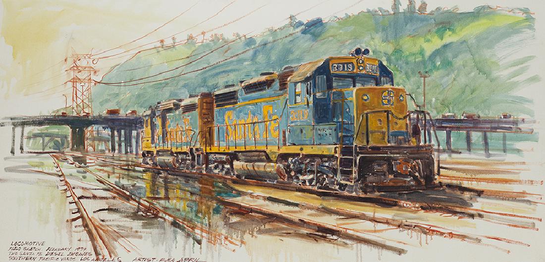 Ben Abril (1923-1995 Los Angeles, CA): Locomotive, 1979 Oil on canvas Signed, titled, inscribed and dated lower left: Ben Abril / Field Sketch / February 1979 / Two Santa Fe Diesel Engines / Southern Pacific Yards, Los Angeles, inscribed o