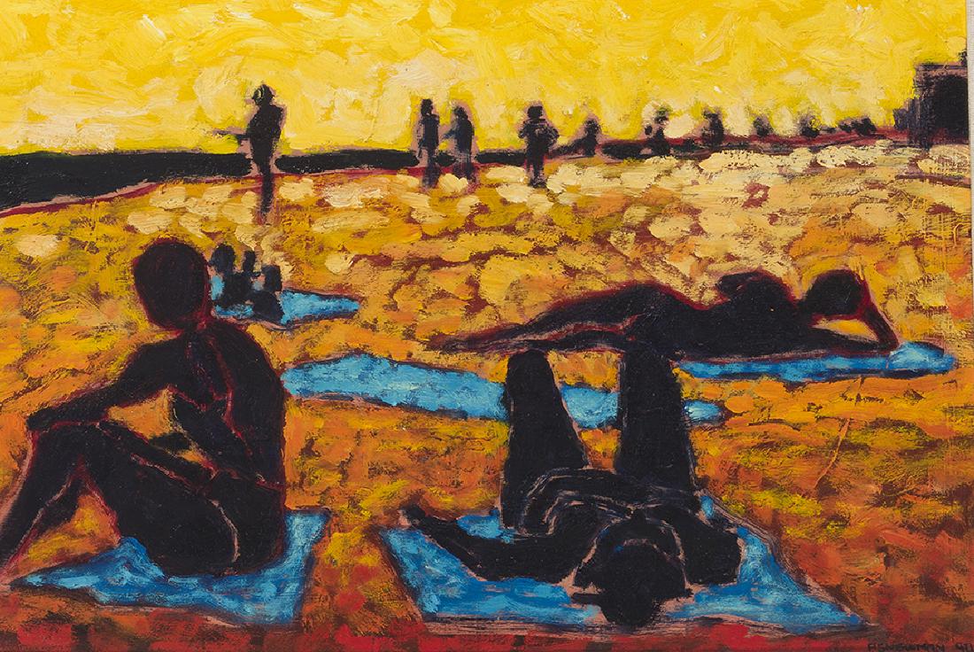 Andy S. Newman (1955-* American): Figures sunbathing, 1990 Oil on board Signed and dated lower right: A.S. Newman, signed again and dated verso 10.75" H x 15.5" W Notes: There is a landscape with houses verso.