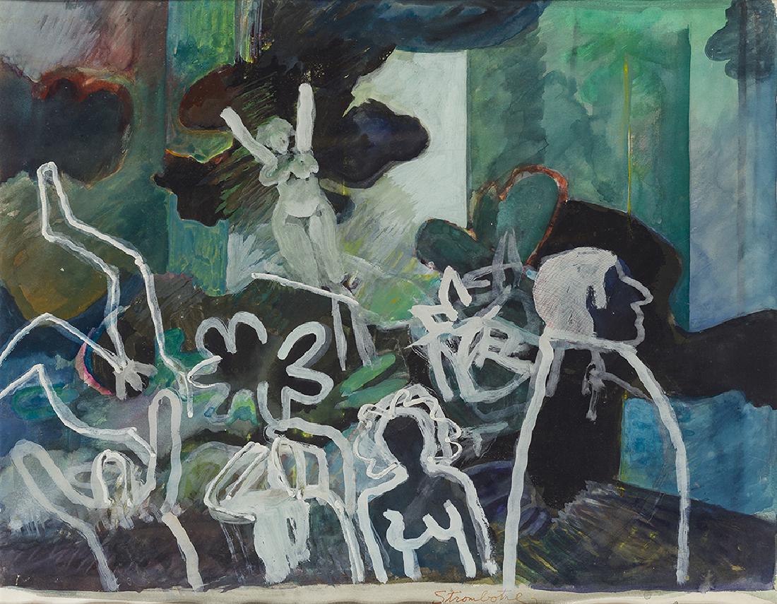 James Strombotne (1934-* American): Figures in white, 1970 Mixed media on paper under Plexiglas Signed lower center: Strombotne, dated in another hand on the backing paper Sight: 18" H x 23.25" W