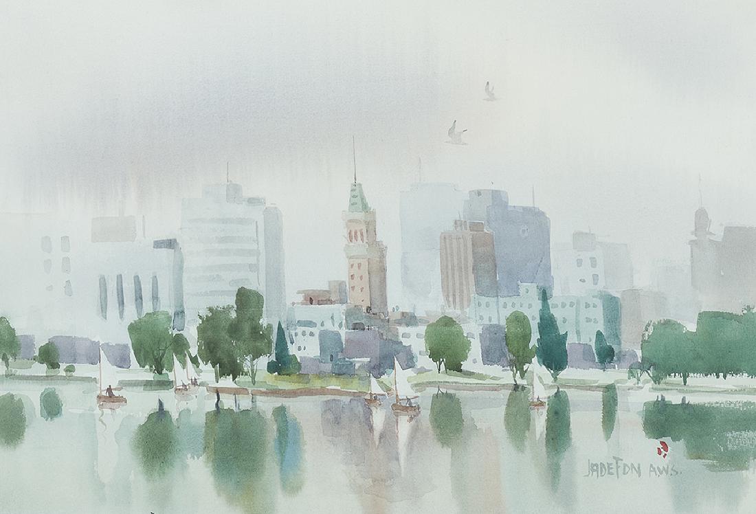 Jade Fon (1911-1983 Bakersfield, CA): Lake Merritt, Oakland Watercolor on paper under glass Signed lower left: Jade Fon A.W.S. and with the artist's device Sight: 14.5" H x 21" W Provenance: Sold: John Moran Auctioneers, November 14, 2000